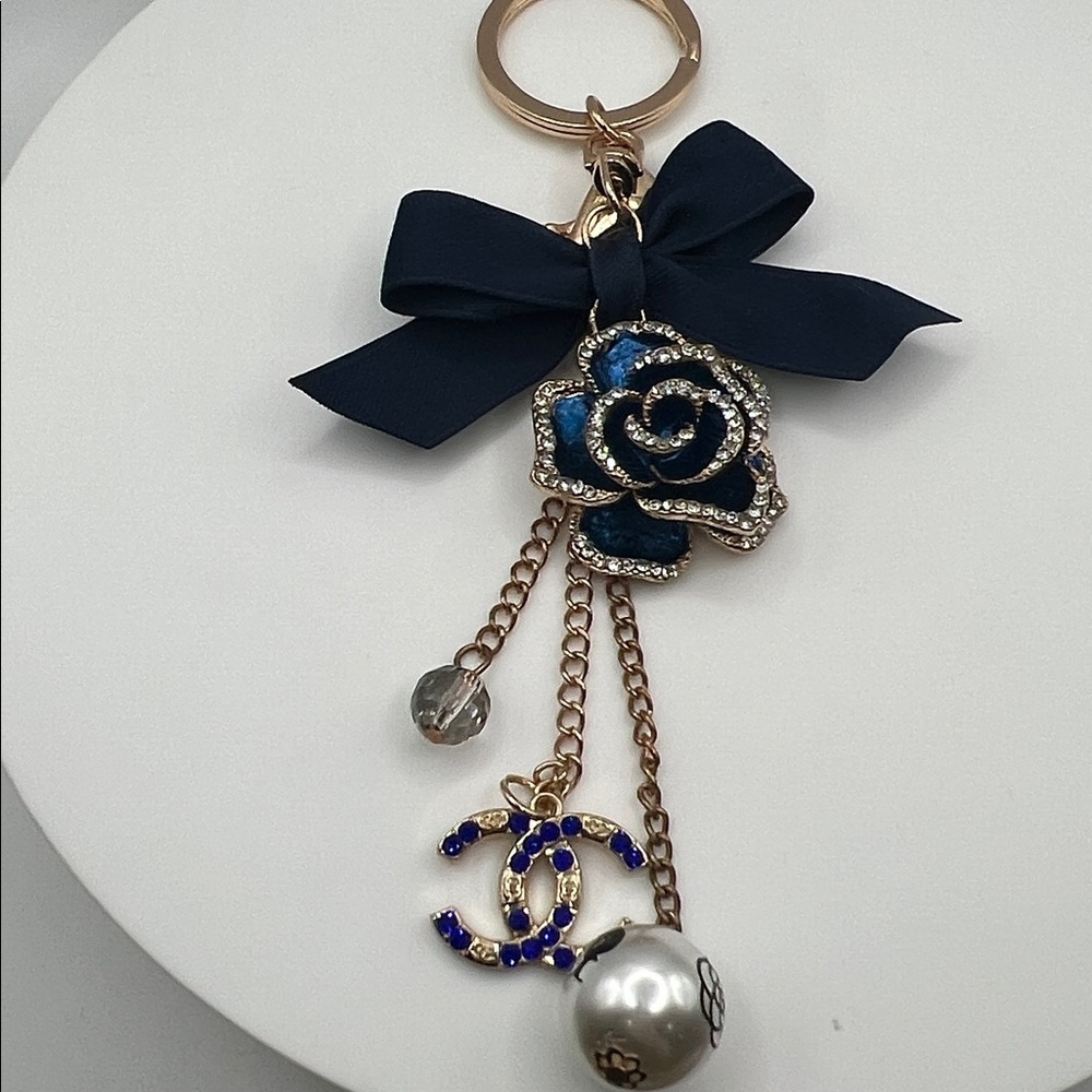 521. Blue and Gold Rose Keychain with Designer Charm - Picture 2 of 3